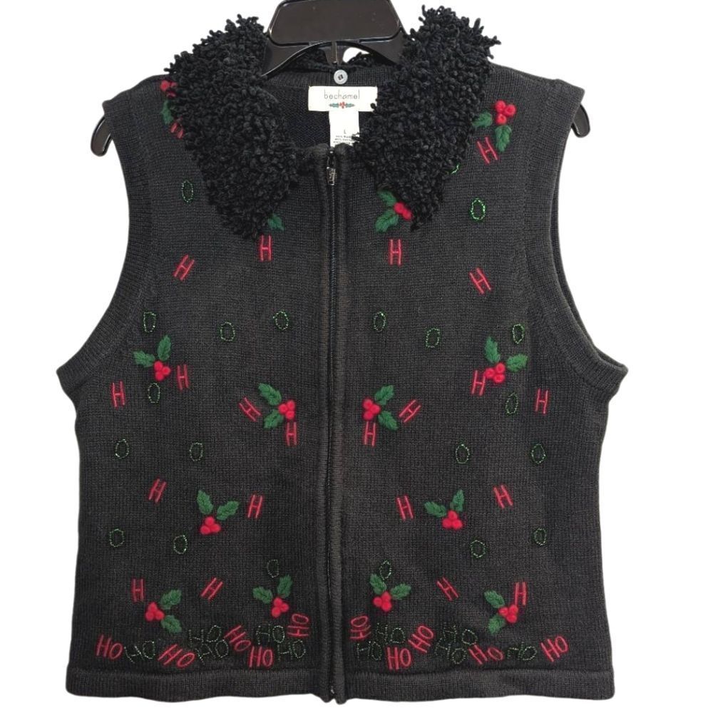 Vintage Bechamel Black red green Ho Ho Ho Christmas holly zip sweater vest L